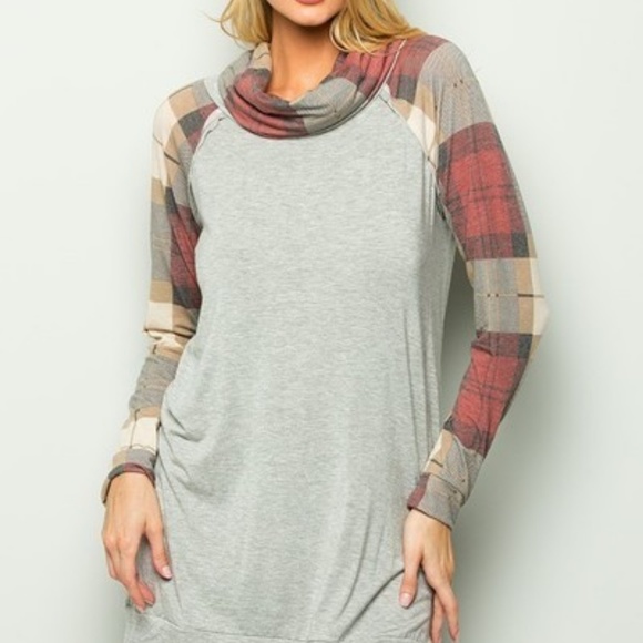Cowl neck plaid/grey block color long sleeve top - Picture 2 of 7